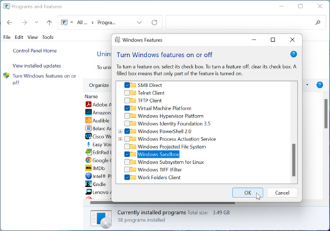Turn Windows features on or off