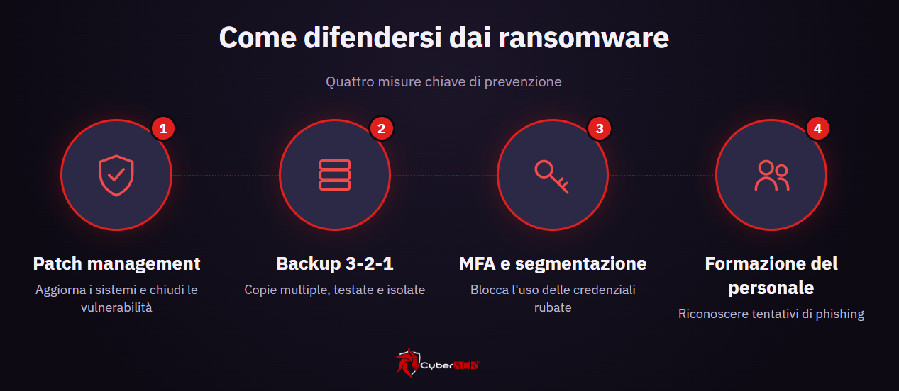 Come difendersi dai ransomware: patch management, backup 3.2.1, MFA e segmentazione, formazione personale